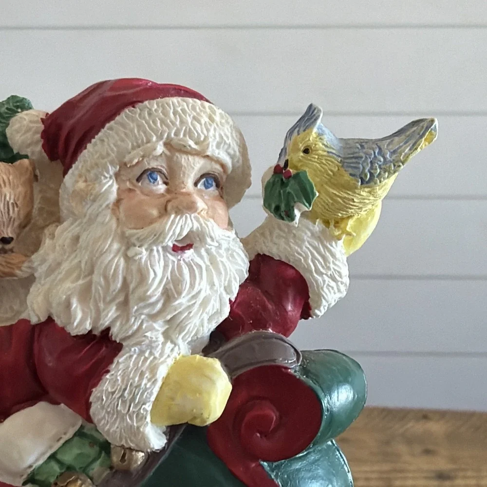 Cast Iron Base Santa On Sleigh With Birds Christmas Stocking Holder Vintage
